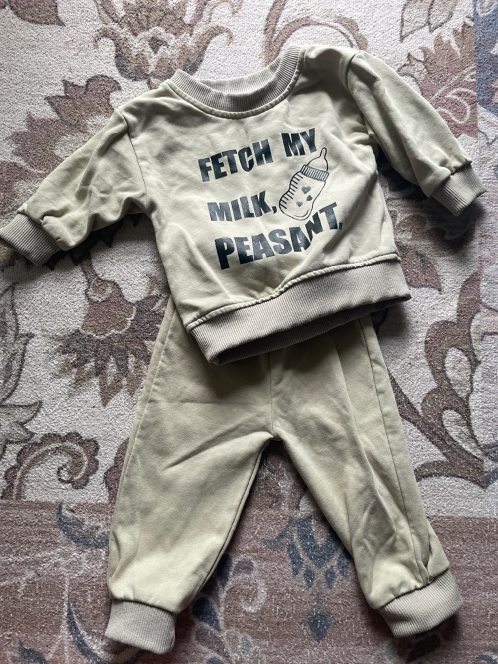 Khaki Baby Sweatshirt Jogger Set with 'Fetch My Milk, Peasant' Graphic EUC NWOT